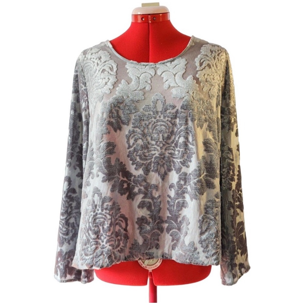 🌺 Silver Blue Soft Velvet Damask Blouse Sz L